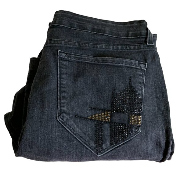 NYDJ Womens Jeans Tag 16 Black Straight Leg High-Rise W34L30 Stretch Embellished - Picture 7 of 11